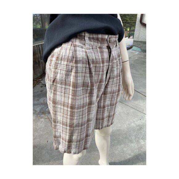 Vtg | 90s Kathy Ireland Plaid Shorts Bermuda Pleat Front Tan Brown Linen Cotton - Picture 3 of 9